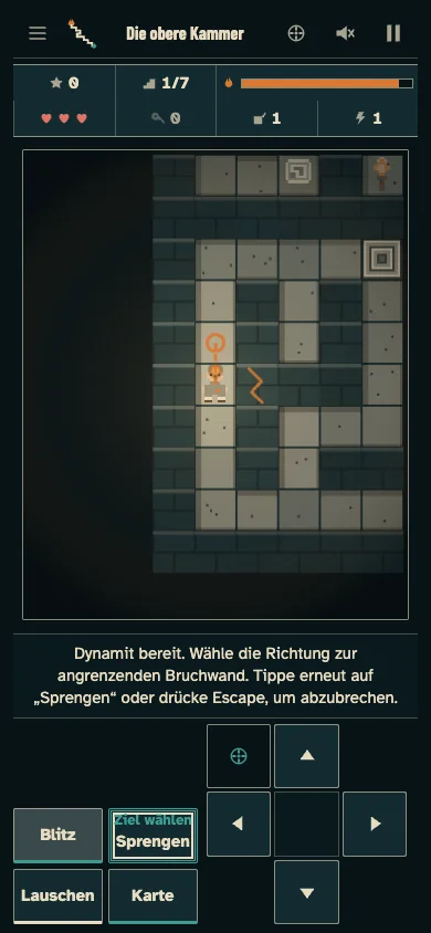 Echte Spielansicht im Dynamit-Zielmodus an einer markierten Bruchwand